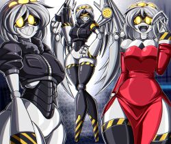 Rule 34 | &gt; &lt;, 1girl, :d, colored skin, dress, dual persona, female focus, glitch productions, grey skin, grin, gun, highres, mecha girl, mechanical tail, murder drones, open mouth, red dress, robot girl, shiny skin, short hair, smile, tail, thighhighs, v (murder drones), weapon, wings, xd, yellow eyes