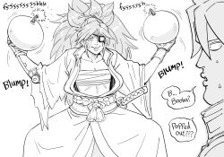 Rule 34 | 1boy, 1girl, absurdres, alternate breast size, baiken, bb (baalbuddy), bomb, breast padding, chest sarashi, collarbone, commentary, english commentary, english text, explosive, eyepatch, flat chest, gloves, greyscale, guilty gear, highres, holding, holding bomb, holding weapon, long hair, looking at another, monochrome, sarashi, smile, sound effects, speech bubble, sweat, sword, weapon