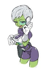 Rule 34 | 1girl, armor, bodysuit, breasts, cheelai, cleavage, colored skin, commentary, dragon ball, dragon ball super, dragon ball super broly, gloves, green-tinted eyewear, green skin, highres, kotoyama, looking at viewer, open mouth, purple bodysuit, purple eyes, scouter, short hair, simple background, smile, solo, tinted eyewear, white background, white gloves, white hair