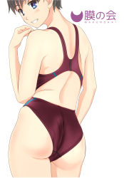 Rule 34 | 1girl, absurdres, black hair, blue eyes, commentary request, competition swimsuit, cowboy shot, from behind, grin, highres, logo, looking at viewer, looking back, one-piece swimsuit, original, red one-piece swimsuit, short hair, simple background, smile, solo, swimsuit, takafumi, white background