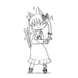 Rule 34 | 1girl, ^^^, animal ears, bow, braid, cat ears, cat tail, dress, footwear bow, full body, greyscale, hair bow, kaenbyou rin, long dress, long sleeves, monochrome, motion lines, multiple tails, neck ribbon, poronegi, ribbon, shoes, simple background, slit pupils, solo, standing, tail, tail raised, touhou, triangle mouth, twin braids, two tails, white background