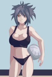 Rule 34 | 00s, 1girl, bad deviantart id, bad id, ball, bikini, black hair, breasts, cleavage, cowboy shot, fujibayashi sheena, holding, holding ball, large breasts, morganagod, ponytail, red eyes, smile, solo, swimsuit, tales of (series), tales of symphonia, tankini, volleyball (object)