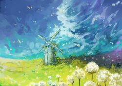 Rule 34 | axleaki, blue sky, cloud, commentary, day, field, flower, flower field, grass, highres, no humans, original, outdoors, ruins, scenery, sky, windmill