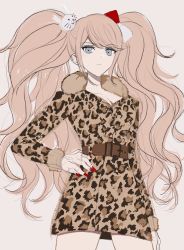 Rule 34 | 1girl, animal print, arm at side, bad id, bad twitter id, belt, bow, breasts, brown belt, brown jacket, cleavage, collarbone, cowboy shot, danganronpa (series), danganronpa 3 (anime), enoshima junko, grey background, grey eyes, hair bow, hair ornament, hand on own hip, highres, jacket, large breasts, leopard print, long hair, official alternate costume, rabbit hair ornament, red bow, serious, simple background, solo, twintails, vo1ez, white bow