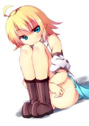 Rule 34 | 1girl, ahoge, blonde hair, blush, hasumi takashi, hugging own legs, looking at viewer, original, pointy ears, short hair, simple background, solo, white background
