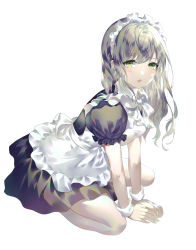Rule 34 | 1girl, absurdres, apron, between legs, black dress, breasts, brown hair, dress, frilled apron, frills, full body, green eyes, hair between eyes, hand between legs, highres, long hair, looking at viewer, maid, maid apron, maid headdress, original, parted lips, puffy short sleeves, puffy sleeves, rhea (0u0), short sleeves, simple background, small breasts, solo, white apron, white background, wrist cuffs