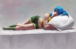 Rule 34 | 1girl, belt, blue eyes, blue hair, crop top, doolio, leona heidern, midriff, navel, on bed, pillow, shorts, solo, the king of fighters