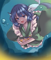 Rule 34 | 1girl, :d, blue eyes, blue hair, bubble, commentary, drill hair, fins, gold, head fins, heart, highres, japanese clothes, kimono, mermaid, monster girl, one-hour drawing challenge, open mouth, smile, solo, swimming, touhou, underwater, wakasagihime, yururi nano