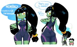 Rule 34 | 1girl, 2boys, :/, :d, alternate costume, alternate hairstyle, ass, black hair, black skin, blue hair, blush stickers, closed mouth, colored skin, competition swimsuit, covered navel, diving mask, diving suit, english text, goggles, green skin, hand on own hip, high ponytail, highres, kappa, kawakichi (rariatto), long hair, looking at viewer, monster girl, multicolored skin, multiple boys, neneko (rariatto), one-piece swimsuit, open mouth, original, ponytail, rariatto (ganguri), ringed eyes, sanataro (rariatto), sharp teeth, smile, swimsuit, teeth, two-tone skin, upper teeth only, very long hair, yellow eyes