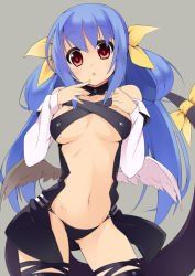 Rule 34 | 1girl, arc system works, asymmetrical wings, bare shoulders, blue hair, bow, breasts, detached sleeves, dizzy (guilty gear), covered erect nipples, guilty gear, hair bow, long hair, mini wings, red eyes, ribbon, sasakura, solo, tail, tail ornament, tail ribbon, thighhighs, underboob, wings