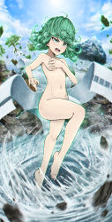 Rule 34 | 1girl, barefoot, blush, breasts, chromatic aberration, draw-till-death, feet, green eyes, green hair, highres, matching hair/eyes, mountain, navel, nude, one-punch man, onsen, open mouth, small breasts, solo, tatsumaki, teeth, telekinesis, towel, tree, wet