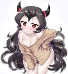 Rule 34 | 10s, 1girl, abyssal ship, ahoge, alternate costume, bare shoulders, black hair, blush, breasts, cardigan, collarbone, cowboy shot, hairband, hand on own hip, hand on own thigh, hase yu, headgear, horns, isolated island princess, kantai collection, leaning forward, long hair, looking at viewer, naked sweater, off-shoulder, off-shoulder sweater, off shoulder, open mouth, pale skin, red eyes, shiny skin, simple background, small breasts, solo, standing, sweater, white background