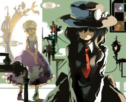 Rule 34 | 2girls, arms behind back, bow, dress, fedora, female focus, ghostly field club, hat, hat bow, industrial pipe, lantern, long dress, long hair, long sleeves, looking at viewer, looking down, maribel hearn, multiple girls, necktie, purple dress, red necktie, sad, shirt, short hair, short sleeves, sleeveless, sleeveless dress, standing, touhou, traffic light, umigarasu, umigarasu (coolier), upper body, usami renko, white bow, white shirt