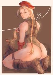 Rule 34 | 1girl, ass, bare shoulders, black fur, blonde hair, blue eyes, boots, braid, cammy white, cat, curvy, dark background, from behind, full body, green eyes, gusty10rk, hat, highleg, highleg leotard, highres, huge ass, leotard, lips, looking at viewer, looking back, shiny skin, sitting, sleeveless, street fighter, thong leotard, twin braids, wide hips