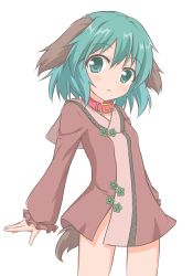 Rule 34 | 1girl, :o, animal ears, blush, brown dress, collar, collarbone, commentary request, dog ears, dog girl, dog tail, dress, green eyes, green hair, groin, hair between eyes, kasodani kyouko, long sleeves, looking at viewer, parted lips, puffy long sleeves, puffy sleeves, red collar, shino megumi, sleeves past wrists, solo, tail, touhou