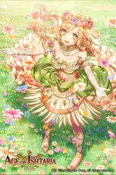Rule 34 | 1girl, :d, age of ishtaria, blonde hair, copyright notice, curly hair, detached collar, dress, flower, frills, from above, gloves, green eyes, hair flower, hair ornament, kikugetsu, looking at viewer, official art, open mouth, outdoors, outstretched arms, plant, primavera (age of ishtaria), smile, solo, standing, star-shaped pupils, star (symbol), symbol-shaped pupils, vines, wreath