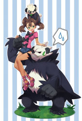 Rule 34 | 10s, 1girl, bear, blush stickers, brown hair, claws, clenched hands, clenched teeth, creatures (company), evolutionary line, faux figurine, fur, game freak, gen 6 pokemon, grass, green eyes, hanamakisan, high heels, highres, leaf, long hair, nintendo, open mouth, pancham, panda, pangoro, pokemon, pokemon (creature), pokemon xy, shauna (pokemon), shorts, sitting, sitting on arm, sitting on head, sitting on person, smile, smirk, spoken sweatdrop, strappy heels, sweatdrop, teeth, tm (hanamakisan), twintails