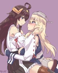 Rule 34 | 10s, 2girls, ahoge, bare shoulders, blonde hair, blush, boots, breasts, brown hair, detached sleeves, double bun, gloves, hairband, headgear, heart, heart-shaped pupils, iowa (kancolle), kantai collection, kongou (kancolle), large breasts, long hair, miniskirt, mizuumi (bb), multiple girls, nontraditional miko, purple eyes, ribbon-trimmed sleeves, ribbon trim, simple background, sketch, skirt, smile, symbol-shaped pupils, thigh boots, thighhighs, yuri