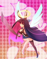 Rule 34 | 10s, 1girl, angel wings, animal ears, argyle, asymmetrical footwear, bad deviantart id, bad id, blue eyes, bow, bowtie, bra strap, breasts, cleavage, colored inner hair, halo, high heels, large breasts, miniskirt, mismatched footwear, multicolored hair, naso4, panty &amp; stocking with garterbelt, pink hair, purple hair, rabbit ears, shoes, single thighhigh, skirt, solo, stocking (psg), sword, thighhighs, weapon, wings, wrist cuffs