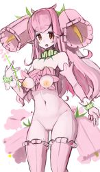 Rule 34 | 1girl, bare shoulders, breasts, collar, colored skin, flower, hair flower, hair ornament, hand up, highres, inverted nipples, long hair, looking at viewer, medium breasts, monster girl, navel, nijitama shiyushiyu, nipples, nude, open mouth, original, perky breasts, pink hair, pink skin, pink thighhighs, plant girl, pussy, red eyes, solo, standing, thighhighs, wristband