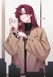 Rule 34 | 1girl, alternate costume, black shirt, brown coat, brown hair, closed mouth, coat, commentary, dyadyadya, earrings, eden (honkai impact), english commentary, hickey, highres, honkai (series), honkai impact 3rd, jewelry, light blush, long hair, open hand, ring, shirt, simple background, solo, trench coat, twitter username, upper body, watch, white background, wristwatch, yellow eyes