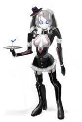 Rule 34 | 1girl, android, black footwear, black hat, black sleeves, blue sclera, boots, breasts, cherry, cocktail, cocktail glass, colored sclera, commentary request, cup, detached sleeves, drinking glass, food, frilled hat, frilled sleeves, frills, fruit, full body, futsuu, hat, high heel boots, high heels, highres, holding, holding tray, humanoid robot, looking at viewer, maid, medium breasts, no mouth, no pupils, original, robot, simple background, solo, standing, thigh boots, top hat, tray, twintails, white background