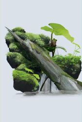 Rule 34 | absurdres, animal, frog, grey background, highres, kitsunekotori, lily pad, log, moss, nature, no humans, original, rock, simple background, stream, water