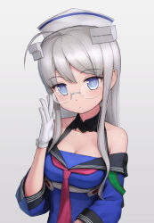 Rule 34 | 1girl, ahoge, black sailor collar, blue eyes, blue shirt, breasts, cleavage, dixie cup hat, glasses, gloves, grey hair, hat, headgear, heywood l. edwards (kancolle), heywood l. edwards kai (kancolle), highres, kantai collection, long hair, medium breasts, military hat, neckerchief, off-shoulder shirt, off shoulder, pink neckerchief, porupurucha, sailor collar, school uniform, serafuku, shirt, solo, white gloves, white hat