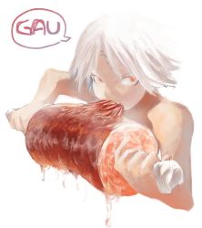 Rule 34 | ambiguous gender, bone, boned meat, dripping, eating, fang, food, food focus, gender request, highres, holding, holding food, meat, momokumo, nude, orange eyes, original, simple background, solo, speech bubble, white background, white hair