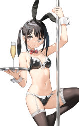 Rule 34 | 1girl, animal ears, bikini, black bikini, black hair, black thighhighs, bow, bowtie, breasts, brown eyes, champagne flute, cleavage, closed mouth, cup, detached collar, drinking glass, fake animal ears, full body, garter straps, hairband, highres, kantoku, long hair, medium breasts, navel, no shoes, original, plaid, playboy bunny bikini, playboy bunny swimsuit, pole, pole dancing, rabbit ears, sidelocks, simple background, smile, solo, standing, standing on one leg, stripper, stripper pole, swimsuit, thighhighs, tiptoes, tray, twintails, white background, wrist cuffs