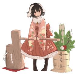 Rule 34 | 1girl, alternate costume, animal ears, bad id, bad twitter id, black hair, blush, boots, brown eyes, brown footwear, commentary request, cross-laced footwear, floppy ears, floral print, full body, fur collar, hakama, hakama skirt, highres, holding, inaba tewi, japanese clothes, kadomatsu, kimono, kine, lace-up boots, long sleeves, mallet, open mouth, print kimono, rabbit ears, shide, short hair, simple background, skirt, solo, touhou, tsukiori, white background, wide sleeves