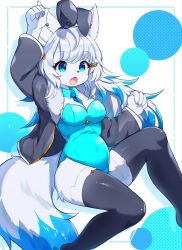 Rule 34 | 1girl, android, animal ears, belly, black thighhighs, blue eyes, blue hair, blue leotard, body fur, borrowed character, breasts, cleavage, detached collar, fake animal ears, fang, female focus, fox ears, fox girl, fox tail, furry, furry female, hair ornament, hairclip, highres, jacket, joints, leotard, medium breasts, methynecros, multicolored hair, necktie, open clothes, open jacket, open mouth, original, playboy bunny, plump, rabbit ears, robot joints, short necktie, solo, strapless, strapless leotard, tail, thighhighs, two-tone hair, white fur, white hair