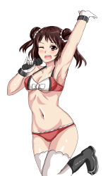 1girl adapted_costume arm_up armpits bikini black_footwear boots breasts brown_eyes brown_hair cameltoe cleavage commentary_request double_bun drie gloves hair_bun highres kantai_collection medium_breasts naka_(kancolle) naka_kai_ni_(kancolle) one_eye_closed open_mouth red_bikini smile solo standing standing_on_one_leg swimsuit thighhighs two-tone_bikini two_side_up white_gloves white_thighhighs