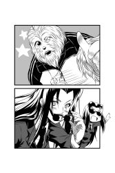 Rule 34 | 10s, 1boy, 1girl, crossover, formal, fur, greyscale, highres, hitomi sensei no hokenshitsu, long hair, moji (hitomi sensei no hokenshitsu), moji yuuki, monochrome, monster girl, monster musume no iru nichijou, ms. smith, necktie, one eye closed, s-now, skirt, skirt suit, star (symbol), suit, sunglasses, thumbs up, track suit, whistle