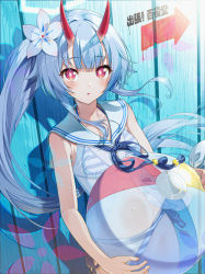 Rule 34 | 1girl, absurdres, alternate costume, alternate hairstyle, ball, beachball, bikini, blue archive, breasts, chise (blue archive), chise (swimsuit) (blue archive), commentary request, duplicate, eyes visible through hair, flower, hair between eyes, hair flower, hair ornament, halo, highres, horns, kabu (niniko2ko), long hair, looking at viewer, multicolored clothes, multicolored swimsuit, one side up, oni horns, red eyes, red horns, side ponytail, simple background, small breasts, solo, string bikini, swimsuit, wooden wall
