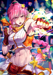 Rule 34 | 1girl, abs, armpits, breasts, gloves, midriff, mr.lime, muscular, muscular female, navel, original, pink hair, punching, shorts, tagme