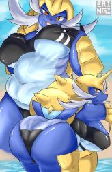 Rule 34 | 1girl, absurdres, animal nose, armor, artist name, ass, belly, blue skin, body fur, grabbing another&#039;s breast, breasts, claws, colored skin, covered erect nipples, creatures (company), eringi205, fang, furry, furry female, game freak, gen 5 pokemon, grabbing, highres, horns, huge ass, huge breasts, looking at viewer, muzzle, navel, nintendo, open mouth, orange eyes, plump, pokemon, pokemon (creature), samurott, see-through, shoulder pads, smile, thick thighs, thighs, two-tone swimsuit, whiskers, white hair