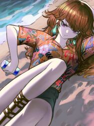Rule 34 | 1girl, :/, absurdres, beach, blue shorts, can, copyright name, drink can, earrings, feather earrings, feathers, floral print shirt, hawaiian shirt, highres, holding, holding can, hololive, hololive english, jewelry, long hair, lying, official alternate costume, on side, orange hair, orange shirt, pungson mori, purple eyes, sand, shirt, shorts, soda can, takanashi kiara, virtual youtuber, water