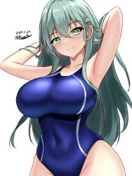 Rule 34 | 1girl, aqua hair, arms behind head, blush, breasts, competition swimsuit, dated, green hair, hair between eyes, hair ornament, hairclip, highres, kantai collection, large breasts, long hair, looking at viewer, montemasa, one-piece swimsuit, signature, simple background, solo, suzuya (kancolle), swimsuit, thighhighs, upper body, white background