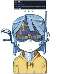 Rule 34 | ..., 1girl, blue hair, blunt ends, cameron sewell, closed mouth, cropped torso, doom (game), doom (series), doomguy, flash drive, highres, hood, hoodie, humanoid robot, joulie (cameron sewell), looking at viewer, meme, radio antenna, robot, screenshot inset, short hair, simple background, solo, sweatdrop, twitter username, upper body, white background, yellow hoodie