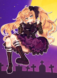 Rule 34 | 1girl, :t, @ @, ahoge, black flower, black footwear, black rose, blonde hair, blush, boots, breasts, chain, cleavage, closed mouth, commentary request, cross-laced footwear, flower, frilled skirt, frills, full body, green eyes, hair between eyes, hair flower, hair intakes, hair ornament, hands up, holding, holding stuffed toy, kneehighs, knees together feet apart, lace-up boots, large breasts, long sleeves, original, outline, pout, purple skirt, rose, see-through, see-through cleavage, skirt, sleeves past wrists, socks, solo, striped clothes, striped socks, stuffed animal, stuffed rabbit, stuffed toy, suzunone rena, twintails, white outline