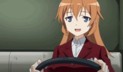 Rule 34 | animated, animated gif, blue eyes, charlotte e. yeager, driving, grin, long hair, lowres, military, military uniform, orange hair, screencap, smile, steering wheel, strike witches, uniform, world witches series