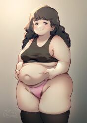 Rule 34 | 1girl, absurdres, belly grab, blush, breasts, character request, closed mouth, cloudxmoe, collarbone, copyright request, cowboy shot, fat, female pubic hair, film grain, gradient background, highres, long hair, looking at viewer, medium breasts, navel, no pants, panties, pink panties, pubic hair, pubic hair peek, sidelighting, sleeveless, solo, tareme, thick thighs, thighhighs, thighs, underwear