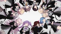 6+girls alternate_costume artist_request beret blue_hair character_request closed_eyes grey_background grey_hat hair_between_eyes hat hololive hoshimachi_suisei jewelry long_hair multicolored_hair multiple_girls official_alternate_costume official_art open_mouth pink_hair purple_hair ribbon simple_background sleeping streaked_hair tokino_sora tokoyami_towa virtual_youtuber