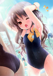 Rule 34 | 1boy, 2girls, ;o, absurdres, ahoge, armpits, arms up, ass, bare shoulders, brown eyes, brown hair, cameltoe, chain-link fence, covered navel, dengeki moeou, dutch angle, fence, flat chest, highres, lifeguard chair, long hair, mixed-sex bathing, multiple girls, one-piece swimsuit, one eye closed, open mouth, pool, sasai saji, scan, school swimsuit, shared bathing, showering, swimsuit, water, wet, wince, wristband