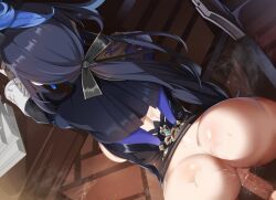 Rule 34 | 1boy, 1girl, anus, arm rest, ass, backboob, bent over, black hair, blue hair, bottomless, breasts, censored, cleft of venus, clorinde (genshin impact), clothed sex, cum, cum in pussy, desk, earrings, facing away, genshin impact, gloves, gun, hetero, highres, jewelry, large breasts, long hair, low ponytail, mosaic censoring, multicolored hair, paper stack, penis, pussy, sex, sex from behind, steaming body, takashia (akimototakashia), two-tone hair, vaginal, very long hair, weapon, white gloves