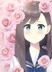 Rule 34 | 1girl, 7 calpis 7, black hair, black sailor collar, blue bow, blue eyes, blush, bow, closed mouth, commentary request, flower, highres, long hair, looking at viewer, original, pink flower, pink rose, rose, sailor collar, school uniform, serafuku, shirt, signature, solo, upper body, white shirt
