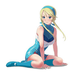 Rule 34 | 1girl, arm support, blonde hair, blue eyes, blush, full body, hairband, heroman, imo works, lina davis, simple background, sitting, solo, twintails, white background