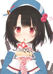 Rule 34 | 10s, 1girl, adapted costume, alternate hairstyle, beret, black hair, blush, crepe, food, food on face, fruit, hair bobbles, hair ornament, hat, heart, highres, holding, holding food, kagerou (shadowmage), kantai collection, long sleeves, machinery, military, military uniform, open mouth, red eyes, side ponytail, simple background, solo, strawberry, takao (kancolle), teeth, uniform, white background, aged down