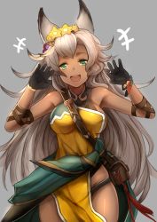 Rule 34 | 10s, 1girl, :d, animal ears, bare shoulders, black gloves, bracelet, breasts, dark skin, dark-skinned female, erune, gloves, granblue fantasy, green eyes, grey background, highres, jewelry, large breasts, long hair, looking at viewer, luse maonang, nemone, open mouth, silver hair, simple background, smile, solo
